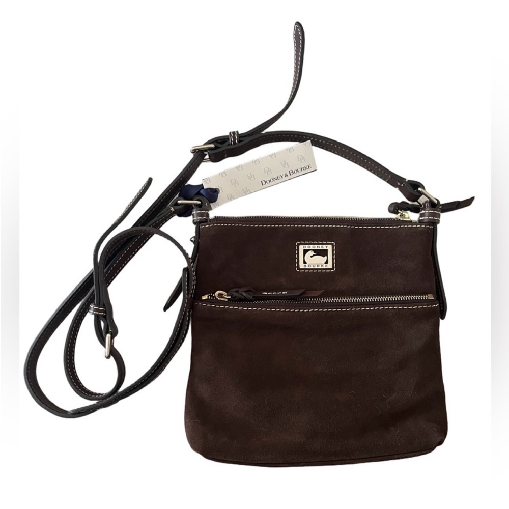 Dooney & Bourke Chocolate Suede Crossbody Letter Carrier Bag -  approx. 9 x 9”